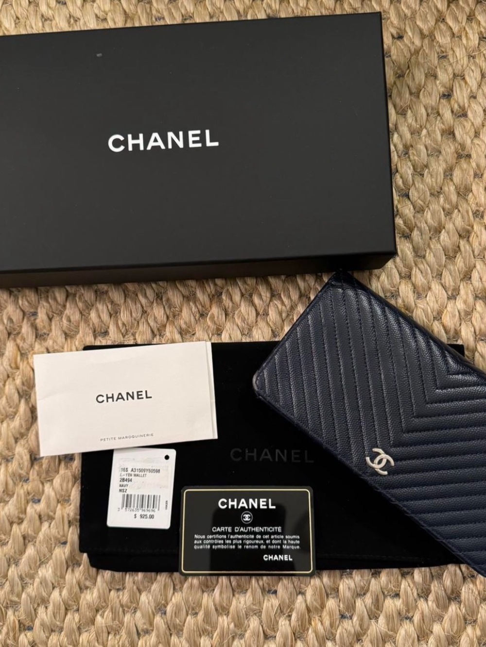 CHANEL Navy Chevron Quilted Wallet with Silver CC